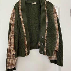 POL Olive Cable Knit Cardigan with Tan Plaid Sleeves